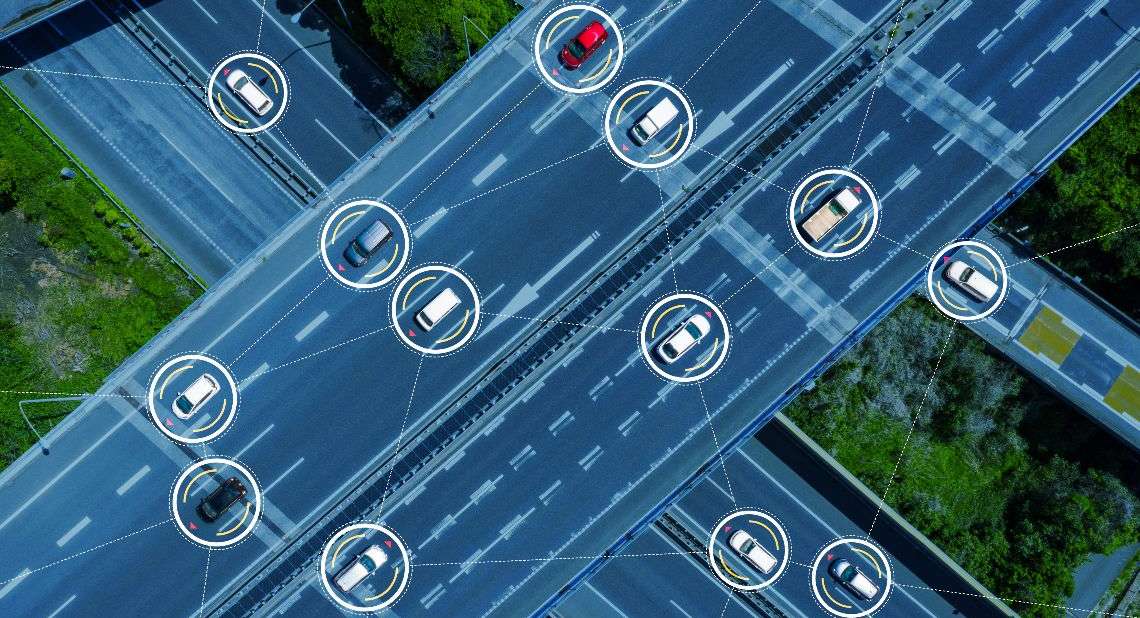 Connected cars concept. ITS (Intelligent Transport Systems). Autonomous car.