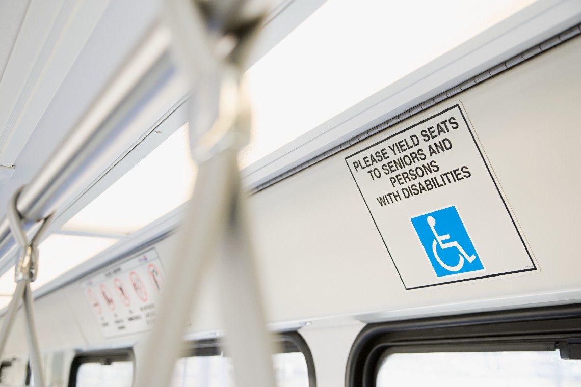 View inside a train showing a disability sticker