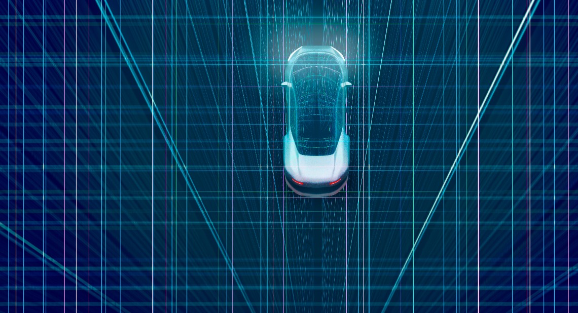 Futuristic image of a car from a birds eye view with light trails