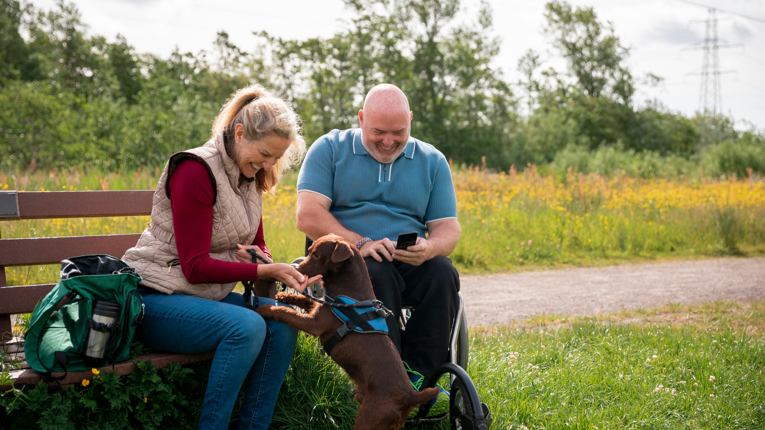 A man in a wheelchair and a woman sit together on a park bench, smiling and laughing while interacting with a small brown dog wearing a harness. The woman pets the dog, and the man holds a phone. They are surrounded by green grass, wildflowers, and trees on a sunny day.