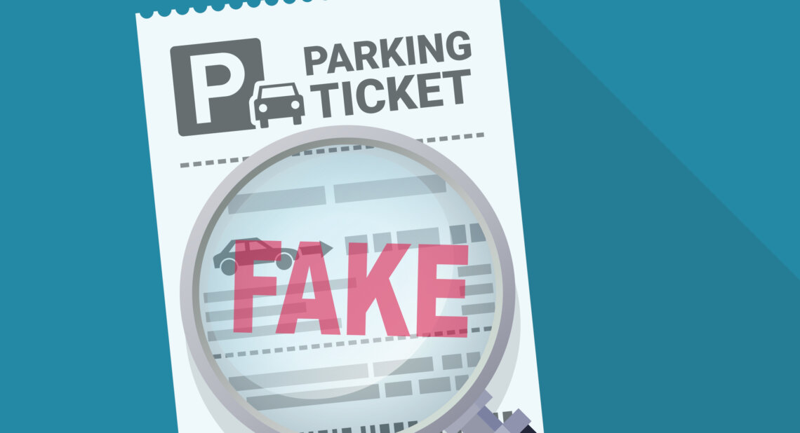 Illustration of a fake parking ticket with the word “FAKE” highlighted in red under a magnifying glass.