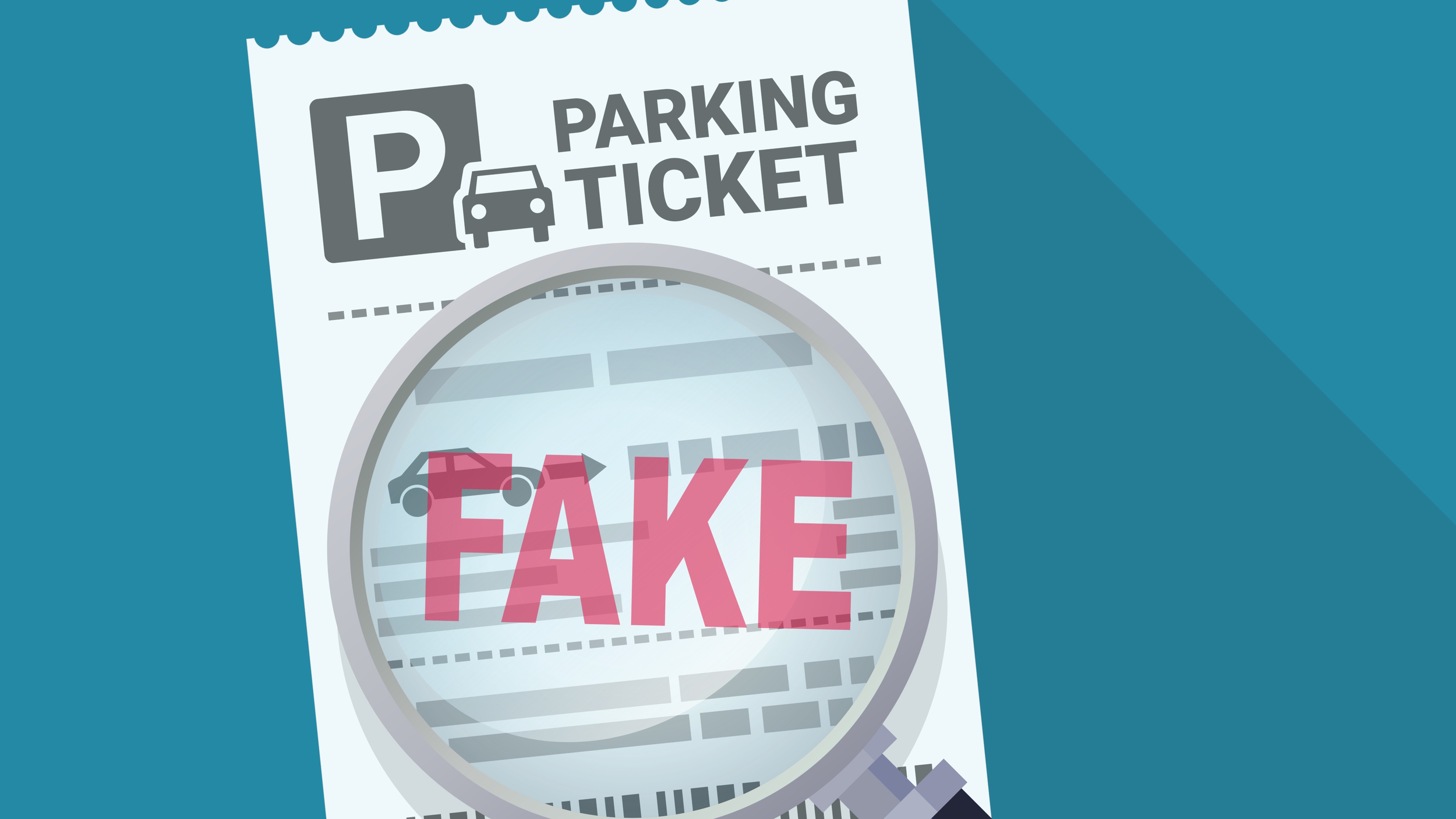 Illustration of a fake parking ticket with the word “FAKE” highlighted in red under a magnifying glass.