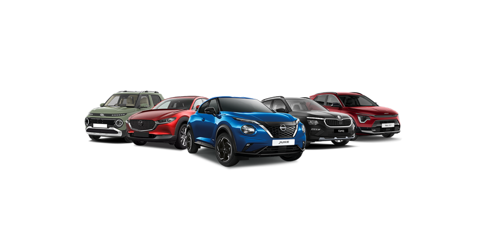 Five cars in a range of colours displayed against a white background