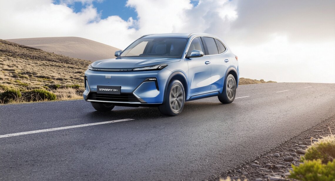 Light blue Geely Starray SUV driving along an open road through a hilly landscape under a bright sky with scattered clouds. The vehicle is shown in three quarter front view, with motion blur on the wheels and road surface to suggest movement.