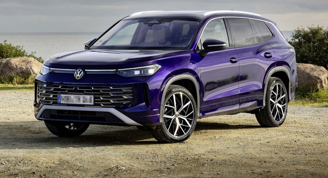 A purple Volkswagen Tayron SUV parked near a coastal setting with rocks and sea behind, front three quarter view, available on the Motability Scheme.